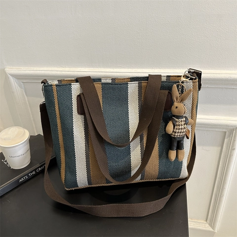 Borsa Tote in Tela a Righe di Grande Capacità per Donna Borsa a Tracolla Casual Versatile Handbag per Pendolari Con Ciondolo a Coniglio