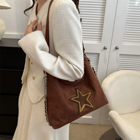 Damen Vintage Wildleder Stern Patchwork Tragetasche Große Kapazität Umhängetasche Mit Metallkette Retro Street Style Tasche