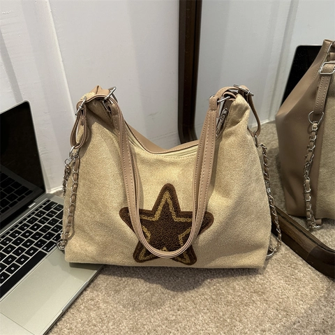 Damen Vintage Wildleder Stern Patchwork Tragetasche Große Kapazität Umhängetasche Mit Metallkette Retro Street Style Tasche