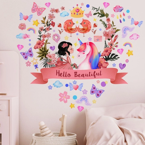 Stickers Muraux PVC Dessin Animé Aquarelle Licorne Princesse Fille Arc-En-Ciel Décoration Chambre Enfant Nursery