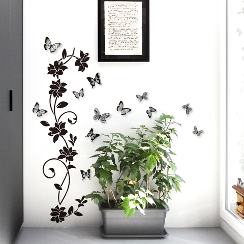 3D Butterfly Flower Vine Wall Sticker PVC Removable DIY Wall Art Decal For Living Room Bedroom Home Decoration Black White
