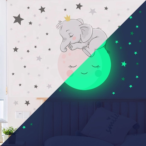 Luminous Wall Sticker Cartoon Elephant Sleeping On Moon Stars PVC Glow In The Dark Removable Nursery Decor For Kids Room