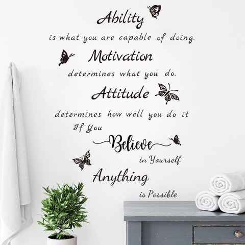 Sticker Mural Citations Anglaises Inspirantes Papillon PVC Amovible Motivation Décoration Murale Salon Chambre à Coucher