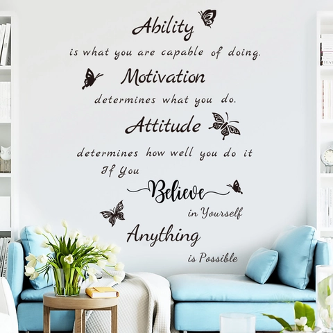 Sticker Mural Citations Anglaises Inspirantes Papillon PVC Amovible Motivation Décoration Murale Salon Chambre à Coucher