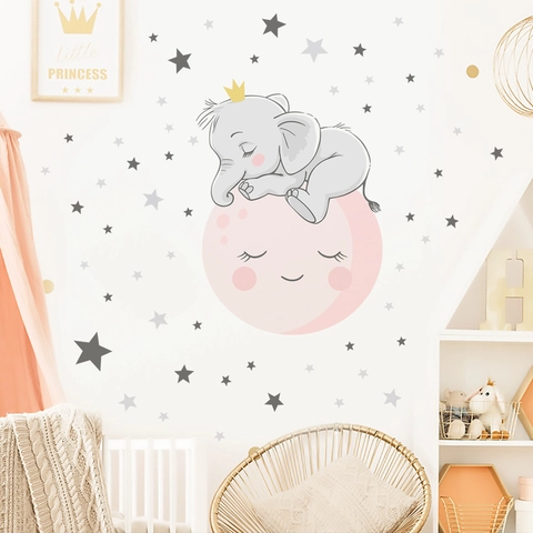 Luminous Wall Sticker Cartoon Elephant Sleeping On Moon Stars PVC Glow In The Dark Removable Nursery Decor For Kids Room