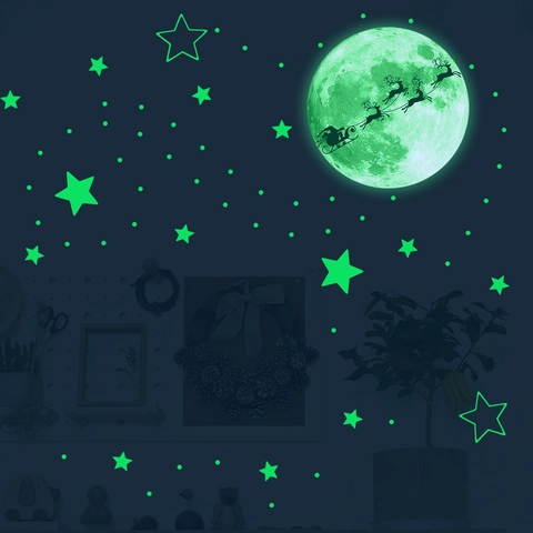 Glow In The Dark Wall Stickers Luminous Christmas Santa Claus Moon Stars PVC Removable Room Decor DIY Fluorescent Decals