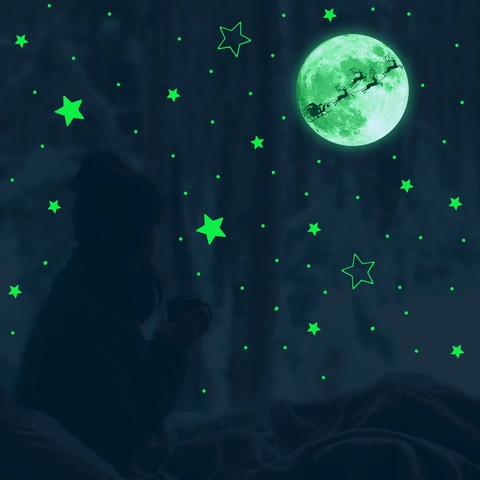 Glow In The Dark Wall Stickers Luminous Christmas Santa Claus Moon Stars PVC Removable Room Decor DIY Fluorescent Decals