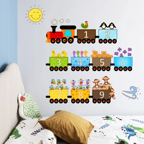 Cartoon Animal Train Numbers Wall Sticker Removable PVC Educational Nursery Wall Decal For Kids Room School Home Decor