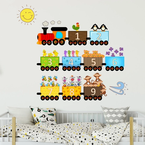 Cartoon Animal Train Numbers Wall Sticker Removable PVC Educational Nursery Wall Decal For Kids Room School Home Decor