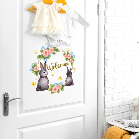 Autocollant Mural Couronne Florale Lapin Aquarelle Bienvenue Décalcomanie PVC Amovible Pour Chambre Enfant Maison