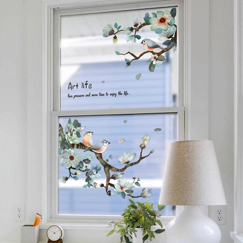 Window Stickers Chinese Style Watercolor Bird Branch PVC Static Cling Double Sided Glass Decals Home Decor