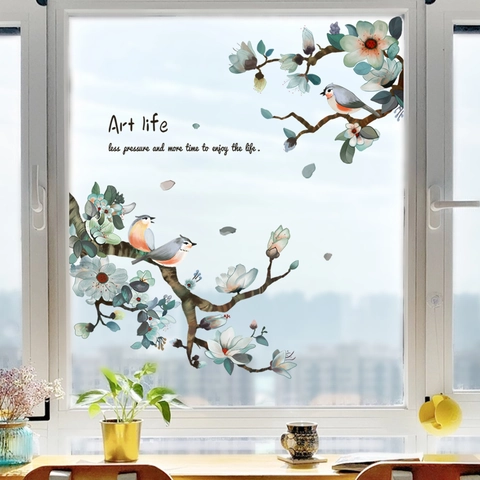 Window Stickers Chinese Style Watercolor Bird Branch PVC Static Cling Double Sided Glass Decals Home Decor