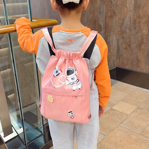 Kids Drawstring Backpack Nylon Waterproof Cartoon Astronaut Lightweight School String Bag For Boys Girls Toddlers