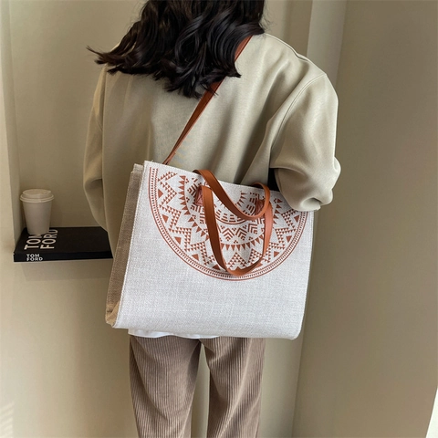 Dames Canvas Draagtas Grote Capaciteit Met Kunstlederen Hengsels Geometrische Tribale Print Ritssluiting Casual