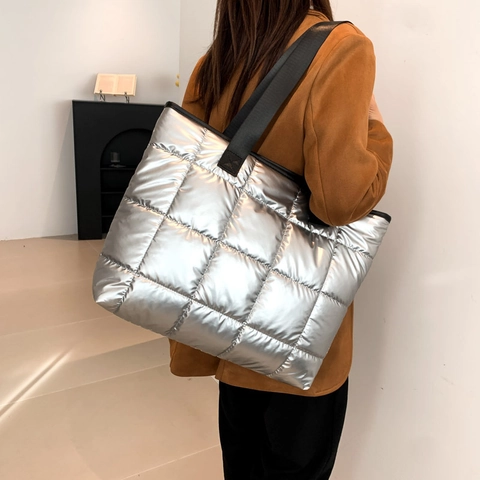 Women Fashion Cotton Quilted Tote Bag Large Capacity Puffy Shoulder Bag Metallic Shiny Puffer Crossbody Bag For Winter Travel