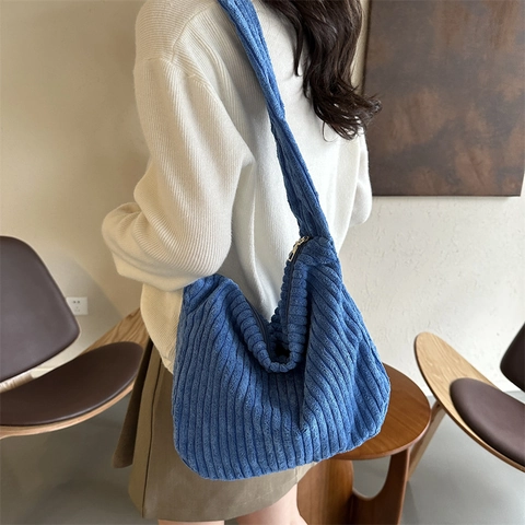 Damen Casual Cord Schultertasche Große Kapazität Einfarbig Gerippte Tragetasche Mit Reißverschluss Mode Hobo Handtasche