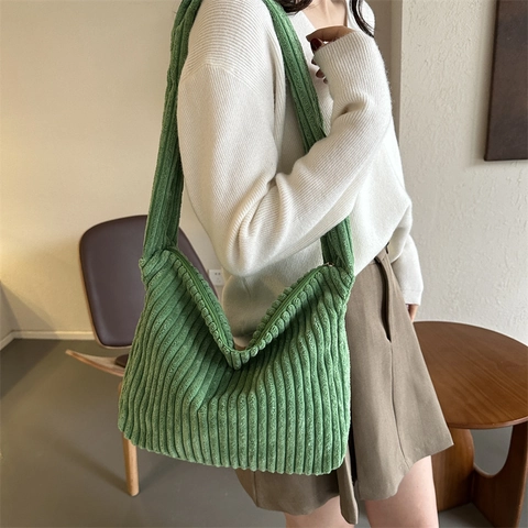 Damen Casual Cord Schultertasche Große Kapazität Einfarbig Gerippte Tragetasche Mit Reißverschluss Mode Hobo Handtasche