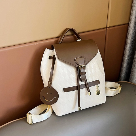 Damen Mode Gesteppter PU Leder Rucksack Kontrastfarben Schultasche Mit Smiley Anhänger Street Trend Casual Daypack
