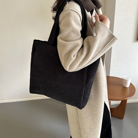 Bolso Tote De Pana Para Mujer Gran Capacidad Streetwear Retro Vintage Bolso De Hombro Con Forro Y Cierre De Cremallera