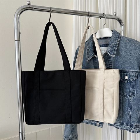 Borsa Tote da Donna in Tela Casual Grande Capacità Borsa a Tracolla Shopping con Tasca Esterna Borsa a Mano Minimalista da Pendolare