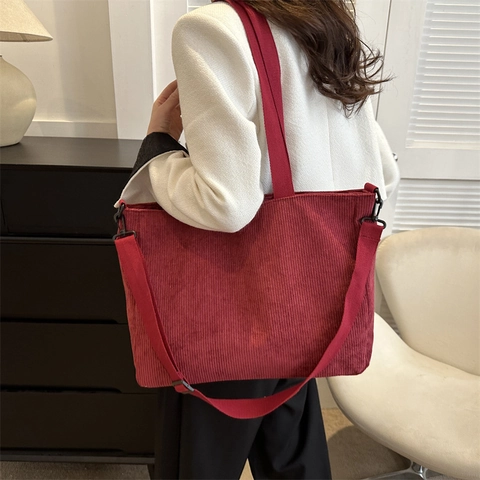 Damen Cord-Einkaufstasche Große Kapazität Retro Lässige Schultertasche Mit Verstellbarem Riemen Für Tägliches Pendeln