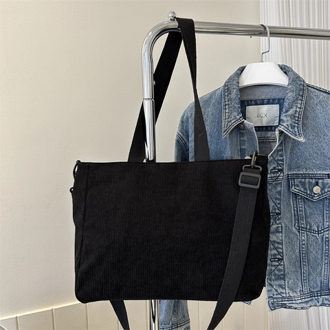 Bolso de Mano de Pana de Gran Capacidad para Mujer Bolso de Hombro Vintage Color Sólido Con Correa Ajustable Bolso Casual para Viaje Diario