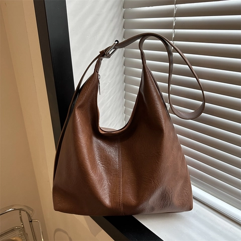 Vintage Große Kapazität PU Leder Umhängetasche Für Damen Minimalistische Hobo Tote Tasche Verstellbarer Riemen Pendler Handtasche