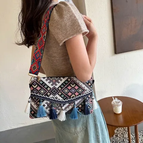 Bohemian Crossbody Bag Woven Knit Fabric With Tassels And Wide Shoulder Strap Geometric Pattern Ethnic Vintage Envelope