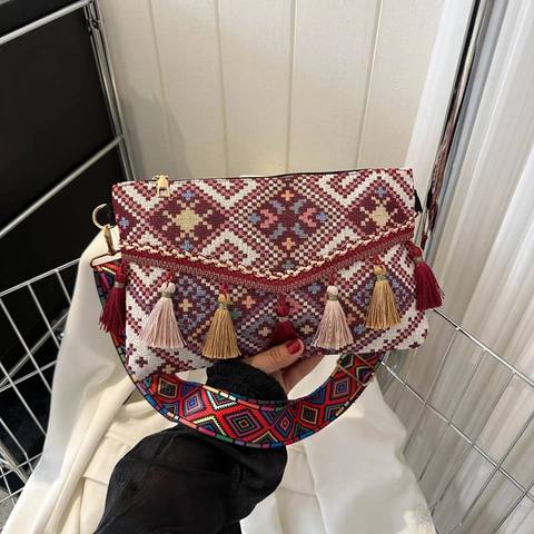 Bohemian Crossbody Bag Woven Knit Fabric With Tassels And Wide Shoulder Strap Geometric Pattern Ethnic Vintage Envelope