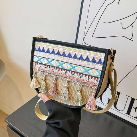 Damen Ethno-Stickerei Umhängetasche Böhmische Baumwolle Leinen Satteltasche Mit Quaste Geometrisches Muster Schultertasche