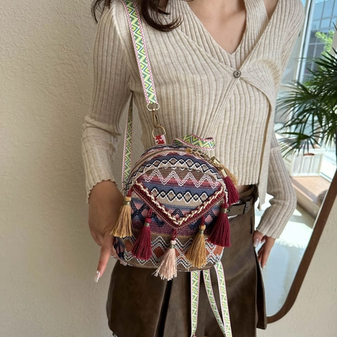 Mini Zaino Borsa A Tracolla Tessuto Stile Etnico Boho Con Nappe Colorate Motivo Geometrico Doppia Cerniera Per Donne
