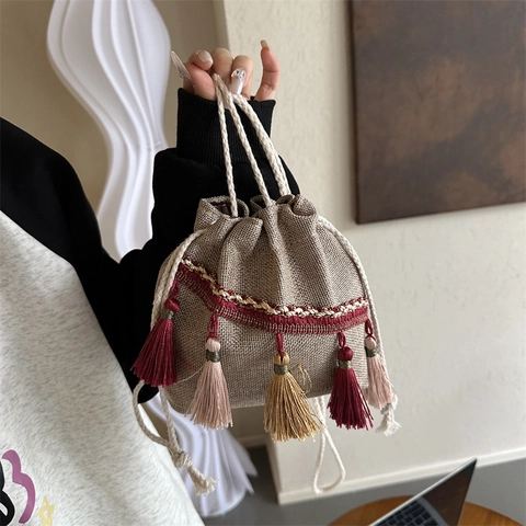 Ethno-Stil Leinen Gewebte Beuteltasche Mit Bunten Quasten Vintage Umhängetasche Für Damen