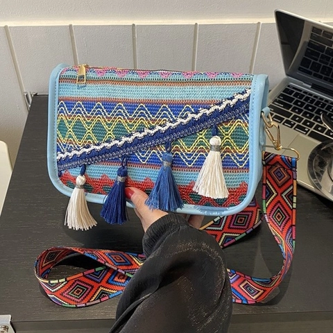 Petit Sac Bandoulière Ethnique Bohémien Pour Femmes Vintage Broderie Géométrique Sac à Épaule en Cuir PU Avec Large Sangle