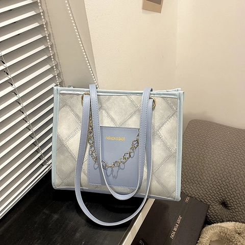 Borsa Tote Trapuntata in PU a Rombi di Grande Capacità Con Catena in Metallo a Fiori Dorati Per Donna Borsa a Tracolla Casual