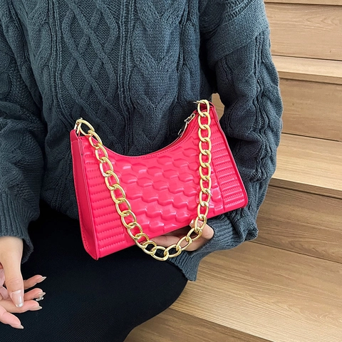 Women PU Leather Underarm Bag Quilted Texture With Gold Metal Chain Solid Color Trendy Shoulder Bag Y2K Street Style