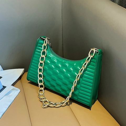 Women PU Leather Underarm Bag Quilted Texture With Gold Metal Chain Solid Color Trendy Shoulder Bag Y2K Street Style