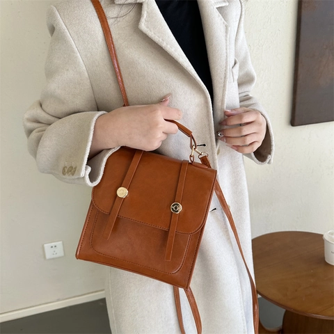 Vintage PU Leather Small Square Backpack For Women Multi-functional Handbag Crossbody Bag Retro British Style Gold Buckle