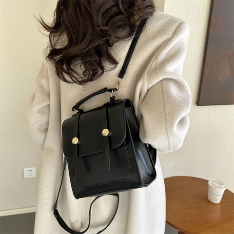 Vintage PU Leather Small Square Backpack For Women Multi-functional Handbag Crossbody Bag Retro British Style Gold Buckle