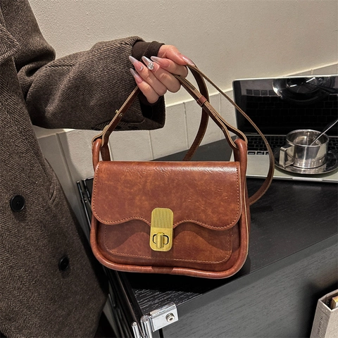 Bolso Cuadrado Pequeño Vintage de Cuero PU para Mujer con Cerradura de Metal Dorado Bolso de Hombro Minimalista de Color Sólido