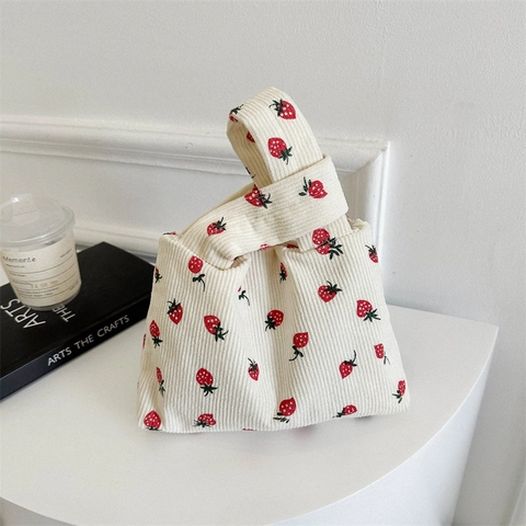 Women Strawberry Print Corduroy Knot Handbag Japanese Style Sweet Soft Small Tote Bag Casual Wrist Bag For Daily Shopping