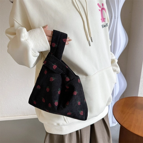 Women Strawberry Print Corduroy Knot Handbag Japanese Style Sweet Soft Small Tote Bag Casual Wrist Bag For Daily Shopping