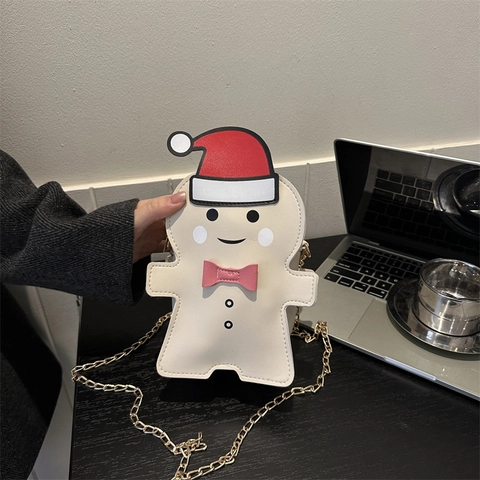 Sac Bandoulière Noël Bonhomme de Pain d'Épices Mignon Dessin Animé Main en Cuir PU Avec Chaîne Dorée Cadeau Festif Hiver Femme