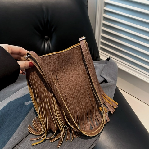Damen Quasten Beuteltasche PU Leder Mit Lychee Muster Retro Boho Schultertasche