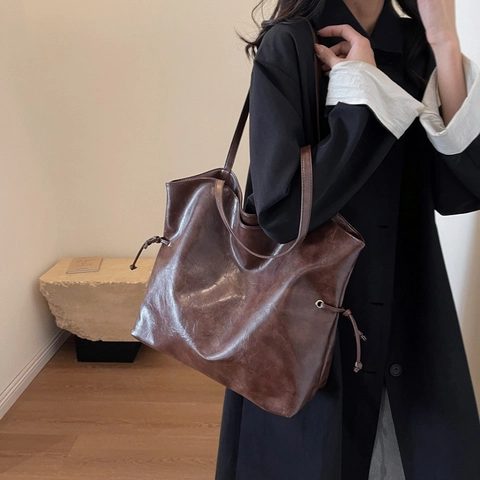Bolso Tote de Gran Capacidad de Cuero PU Vintage para Mujer Bolso de Hombro Minimalista con Cordón Bolso de Mano Casual a la Moda