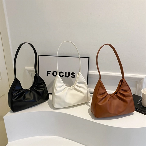 Women's Minimalist PU Leather Pleated Underarm Bag Solid Color Ruched Half Moon Shoulder Bag Fashion Casual Lady Hobo Bag