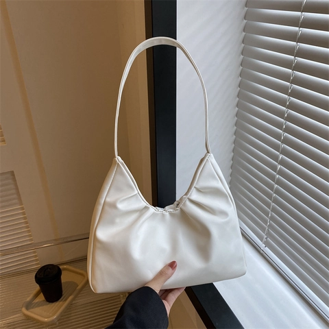 Women's Minimalist PU Leather Pleated Underarm Bag Solid Color Ruched Half Moon Shoulder Bag Fashion Casual Lady Hobo Bag