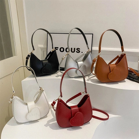 Women PU Leather Crescent Hobo Bag Small Heart Buckle Love Embossed Shoulder Underarm Bag Solid Color Crossbody Purse
