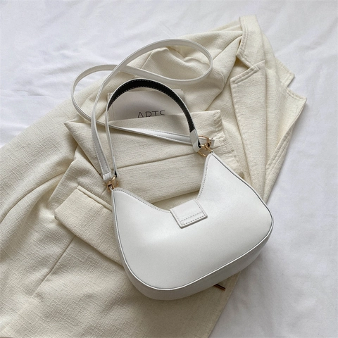 Women PU Leather Crescent Hobo Bag Small Heart Buckle Love Embossed Shoulder Underarm Bag Solid Color Crossbody Purse