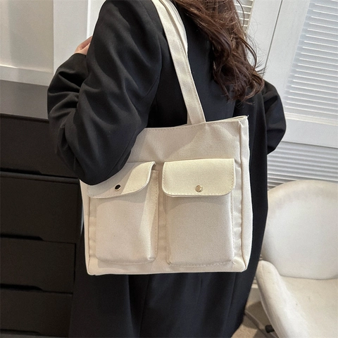 Große Kapazität Canvas Tote Bag Damen Schultertasche Multi Pocket Minimalistische Street Style Handtasche Fronttaschen