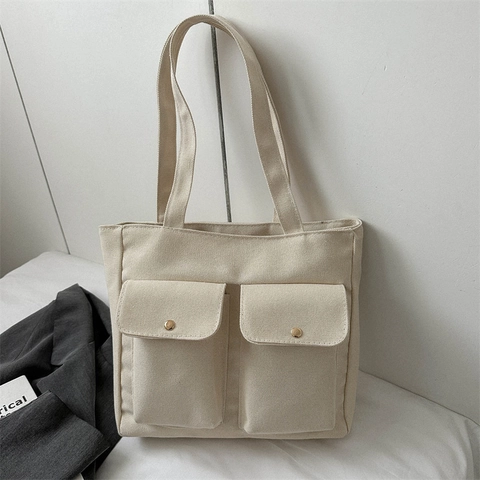 Große Kapazität Canvas Tote Bag Damen Schultertasche Multi Pocket Minimalistische Street Style Handtasche Fronttaschen